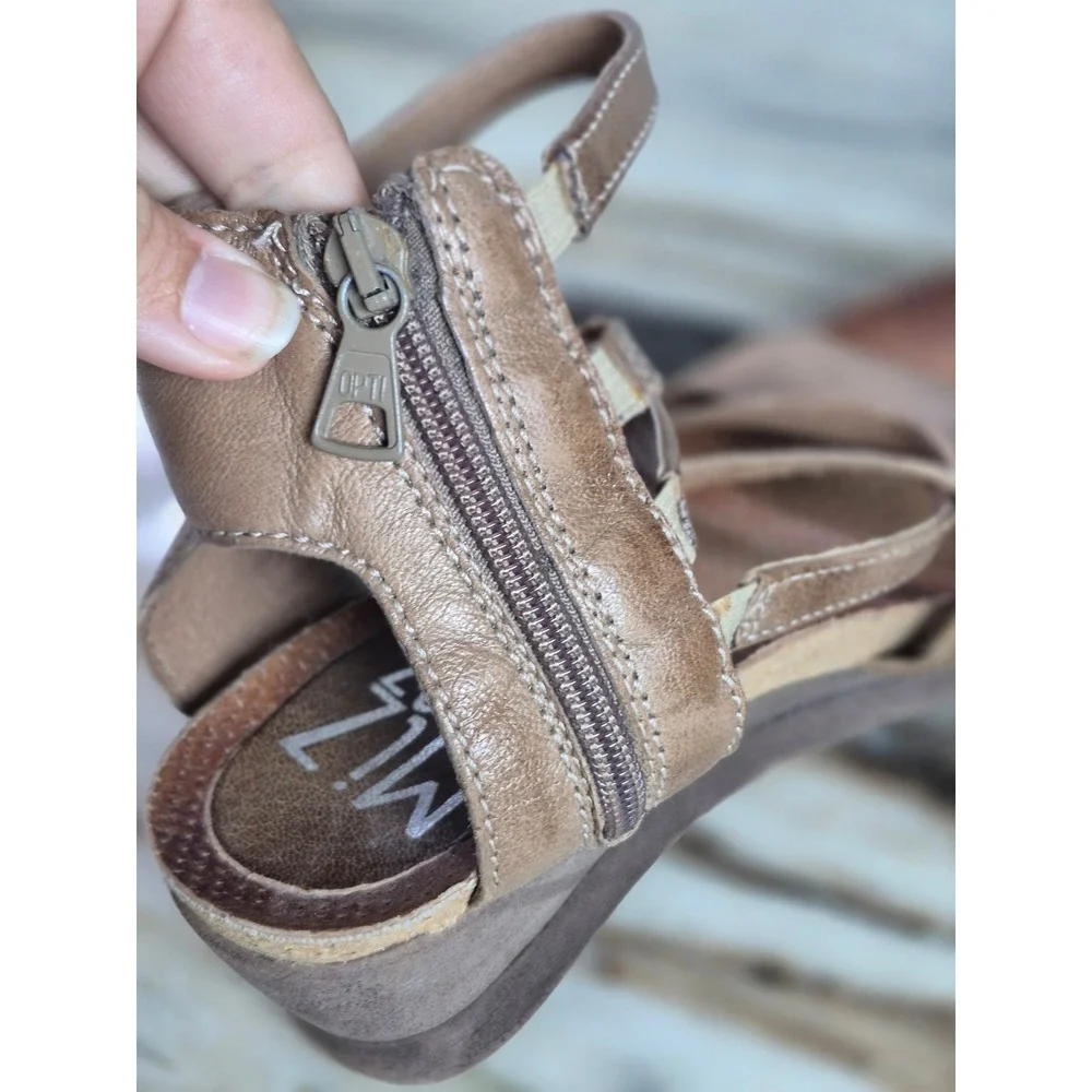 Miz Mooz Womens Leather Strappy Wedge Sandals Tan Brown Low Heel Zipper 39‎ 8.5